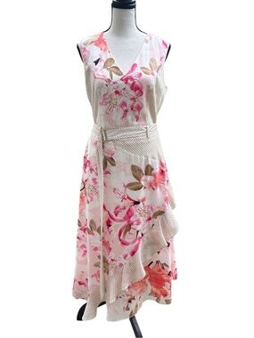 Size 6 Calvin Klein Pink Floral V-Neck Midi Dress